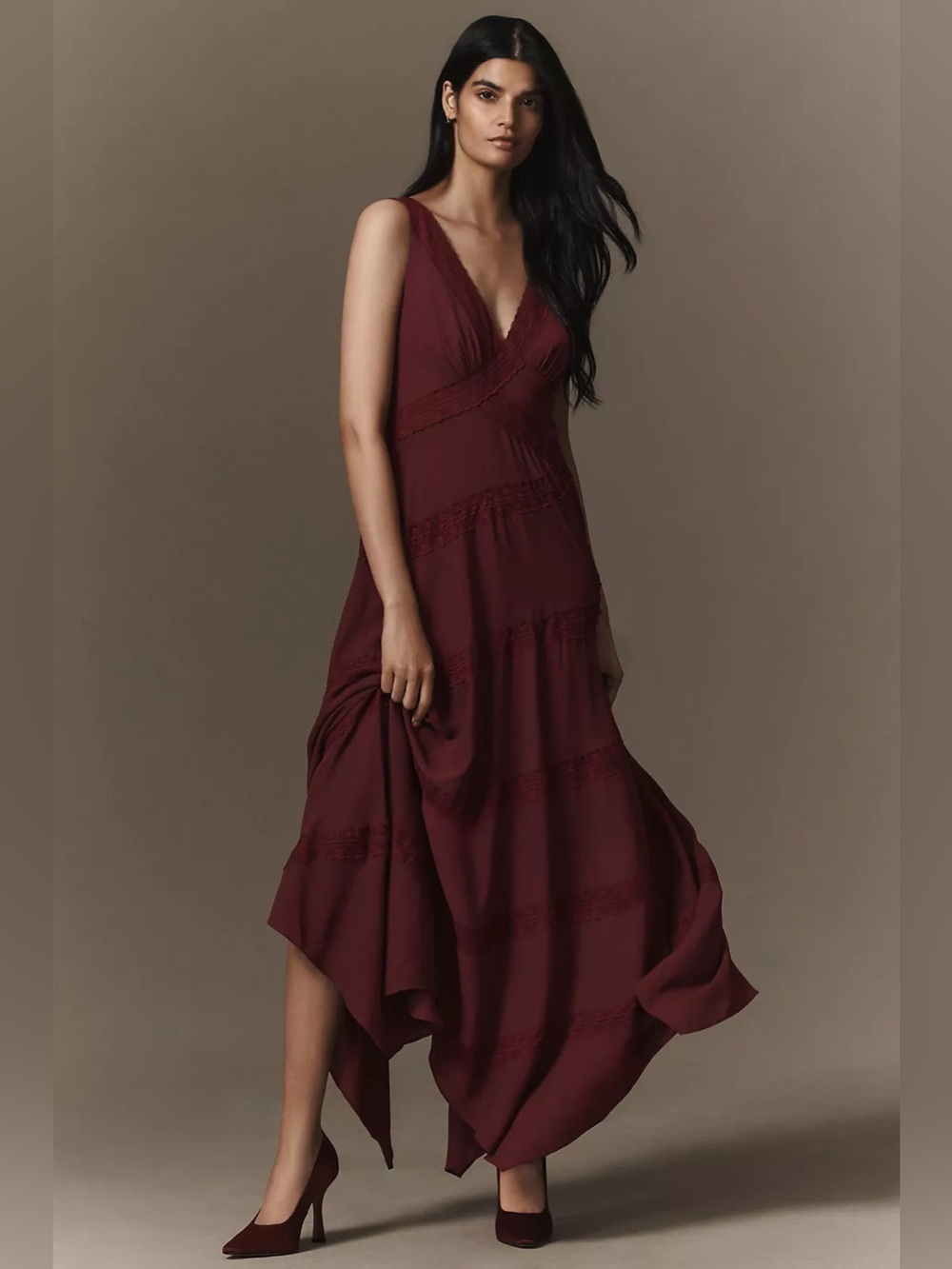 Anthropologie BHLDN Gracie V-Neck Lace Georgette Ruffle Maxi Dress burgandy sz L